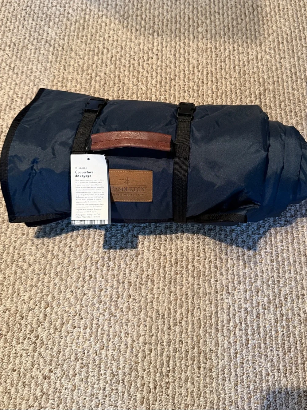 Pendleton Navy Duffel-Style Roll-Up Picnic Blanket Carrier with Plaid Trim